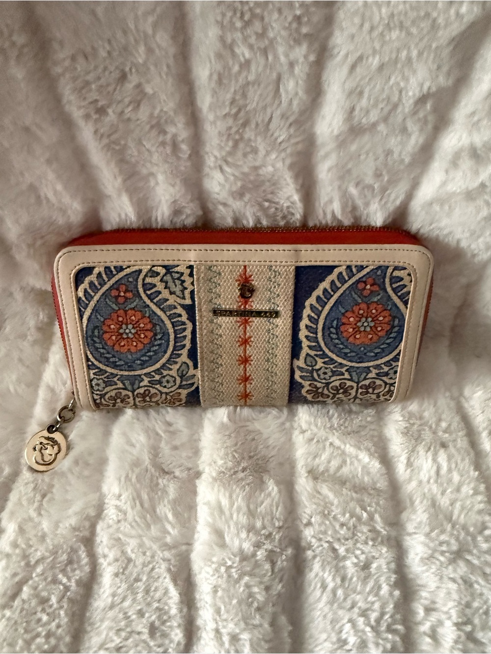 Oilily Floral Embroidered Zip Wallet in Blue, Orange and Cream